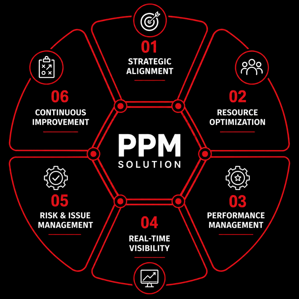 PPM Solution — strategic alignment, resource optimization, performance management, real-time visibility, risk and issue management, and continuous improvement